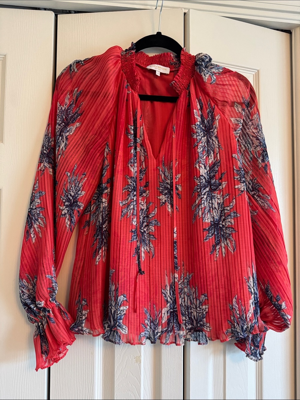 Ramy Brook Women’s Red Floral Pleated Long-Sleeve Blouse